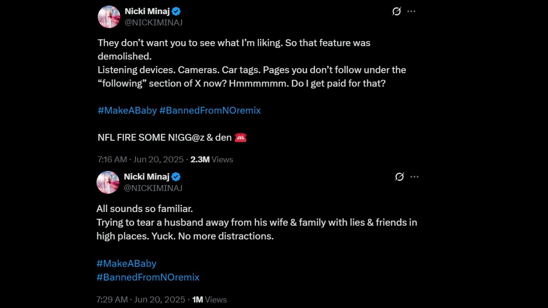 Screenshots of Nicki Minaj's post on X (Image via X/@NICKIMINAJ)